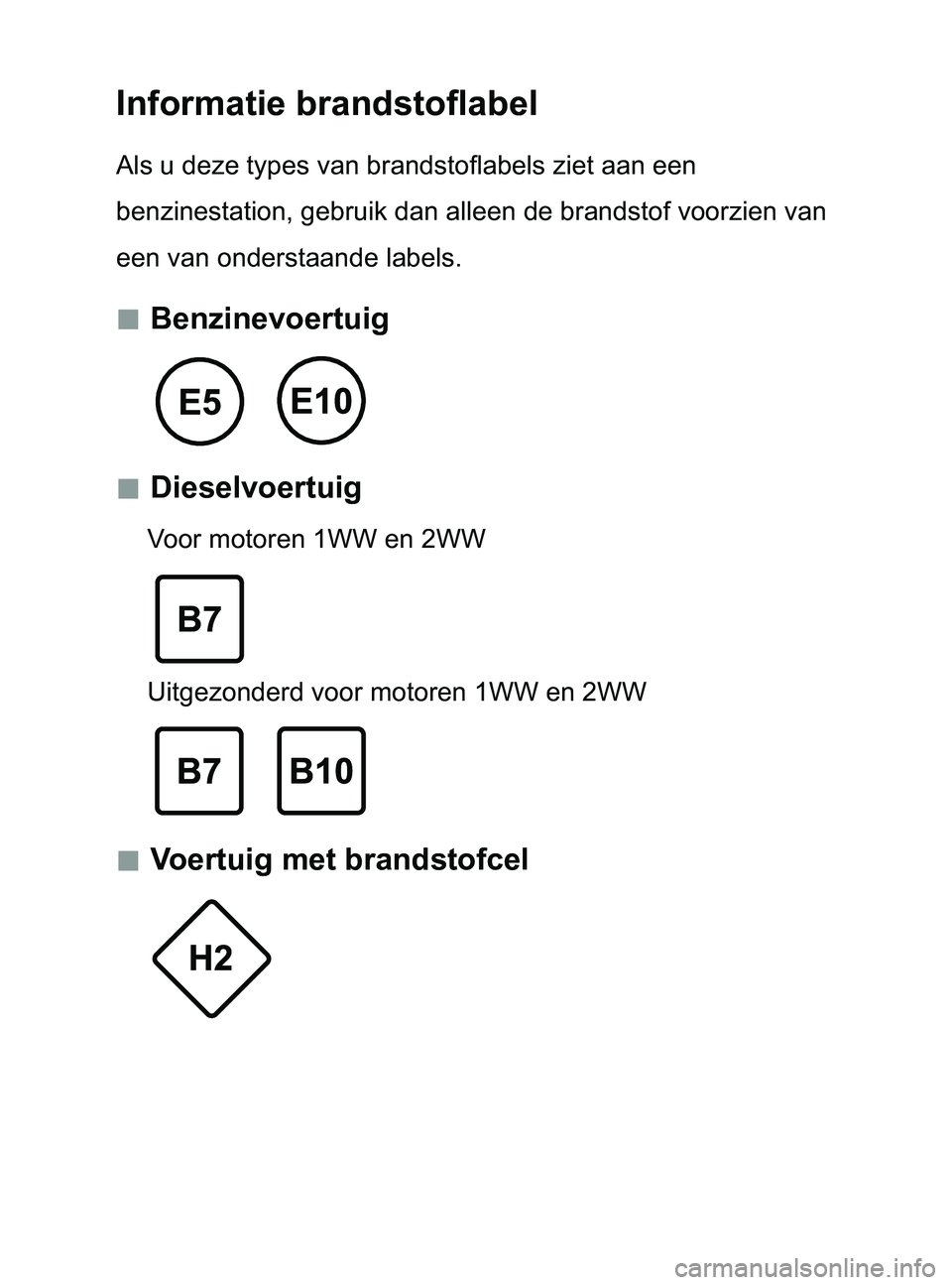 TOYOTA YARIS 2017  Instructieboekje (in Dutch) Informatie brandstoflabel
Als u deze types van brandstoflabels ziet aan een 
benzinestation, gebruik dan alleen de brandstof voorzien van 
een van onderstaande labels.
 „Benzinevoertuig
 „Di