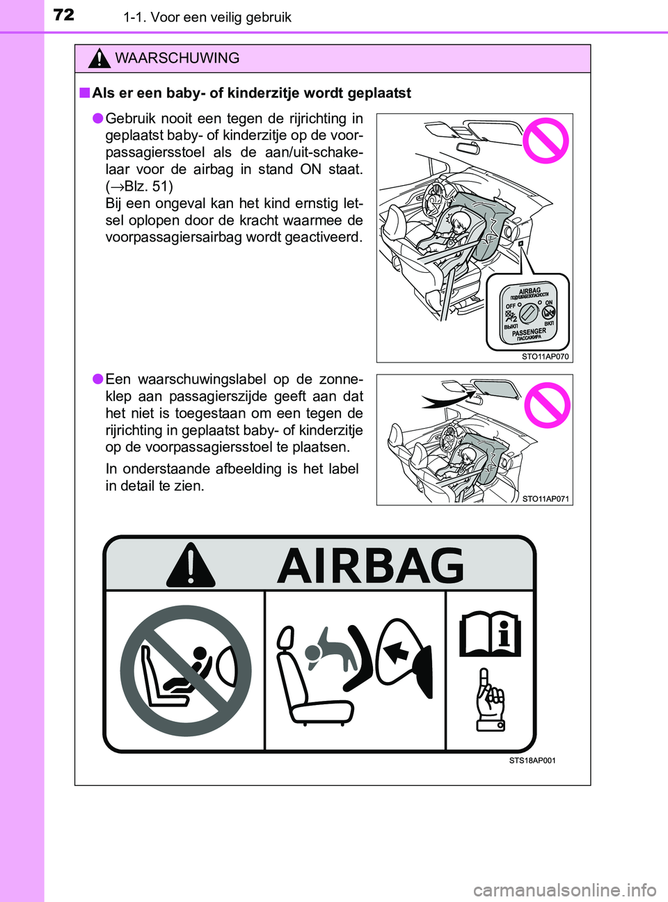 TOYOTA YARIS 2017 Instructieboekje (in Dutch) 721-1. Voor een veilig gebruik
YARIS_F_OM_Europe_OM52J20E
WAARSCHUWING
■Als er een baby- of kinderzitje wordt geplaatst
●Gebruik nooit een tegen de rijrichting in
geplaatst baby- of kinderzi TOYOTA YARIS 2017 Instructieboekje (in Dutch) 721-1. Voor een veilig gebruik
YARIS_F_OM_Europe_OM52J20E
WAARSCHUWING
■Als er een baby- of kinderzitje wordt geplaatst
●Gebruik nooit een tegen de rijrichting in
geplaatst baby- of kinderzi