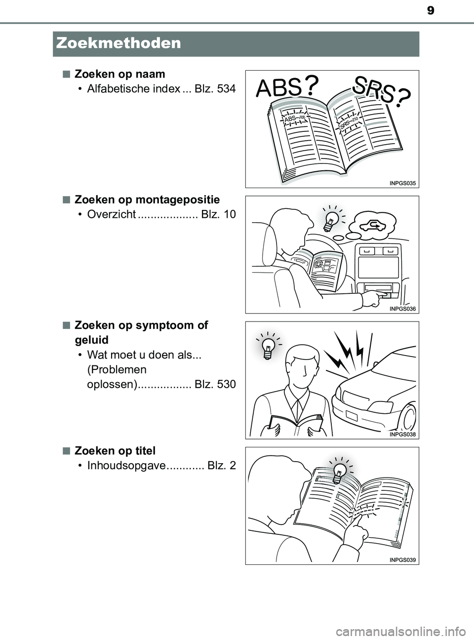 TOYOTA YARIS 2017 Instructieboekje (in Dutch) 9
YARIS_F_OM_Europe_OM52J20E
Zoekmethoden
■Zoeken op naam
• Alfabetische index ... Blz. 534
■Zoeken op montagepositie
• Overzicht ................... Blz. 10
■Zoeken op symptoom of
geluid
TOYOTA YARIS 2017 Instructieboekje (in Dutch) 9
YARIS_F_OM_Europe_OM52J20E
Zoekmethoden
■Zoeken op naam
• Alfabetische index ... Blz. 534
■Zoeken op montagepositie
• Overzicht ................... Blz. 10
■Zoeken op symptoom of
geluid