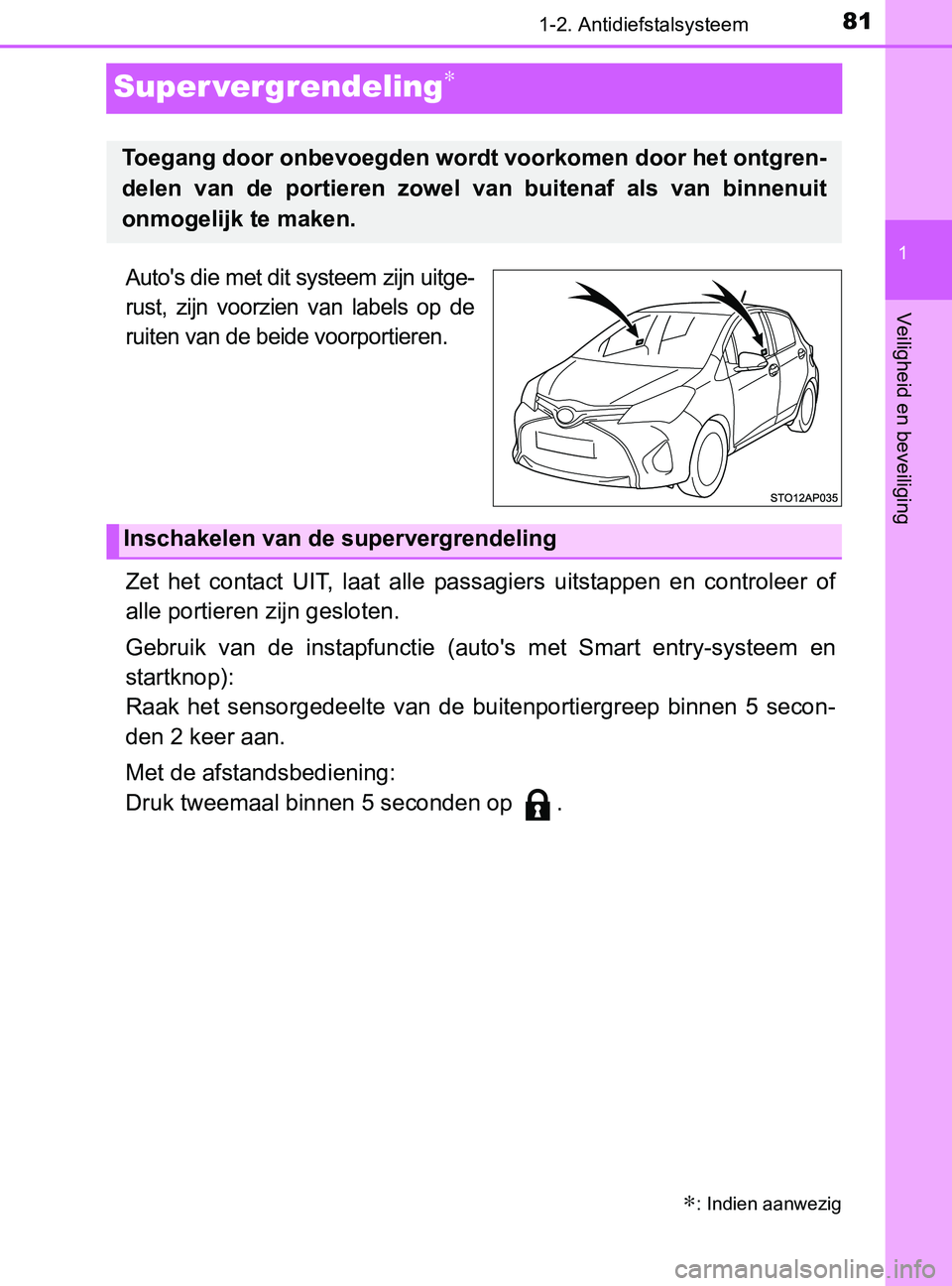 TOYOTA YARIS 2017 Instructieboekje (in Dutch) 81
1
1-2. Antidiefstalsysteem
Veiligheid en beveiliging
YARIS_F_OM_Europe_OM52J20E
Super vergrendeling∗
Auto's die met dit systeem zijn uitge-
rust, zijn voorzien van labels op de
ruiten v TOYOTA YARIS 2017 Instructieboekje (in Dutch) 81
1
1-2. Antidiefstalsysteem
Veiligheid en beveiliging
YARIS_F_OM_Europe_OM52J20E
Super vergrendeling∗
Auto's die met dit systeem zijn uitge-
rust, zijn voorzien van labels op de
ruiten v