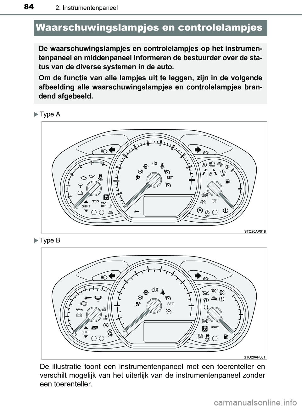TOYOTA YARIS 2017 Instructieboekje (in Dutch) 842. Instrumentenpaneel
YARIS_F_OM_Europe_OM52J20E
Waarschuwingslampjes en controlelampjes
Type A
Type B
De illustratie toont een instrumentenpaneel met een toerenteller en
verschilt mo TOYOTA YARIS 2017 Instructieboekje (in Dutch) 842. Instrumentenpaneel
YARIS_F_OM_Europe_OM52J20E
Waarschuwingslampjes en controlelampjes
Type A
Type B
De illustratie toont een instrumentenpaneel met een toerenteller en
verschilt mo