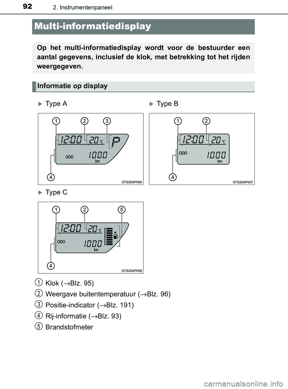 TOYOTA YARIS 2017 Instructieboekje (in Dutch) 922. Instrumentenpaneel
YARIS_F_OM_Europe_OM52J20E
Multi-infor matiedisplay
Klok (→Blz. 95)
Weergave buitentemperatuur (→Blz. 96)
Positie-indicator (→Blz. 191)
Rij-informatie (→Blz. 93)
Brands TOYOTA YARIS 2017 Instructieboekje (in Dutch) 922. Instrumentenpaneel
YARIS_F_OM_Europe_OM52J20E
Multi-infor matiedisplay
Klok (→Blz. 95)
Weergave buitentemperatuur (→Blz. 96)
Positie-indicator (→Blz. 191)
Rij-informatie (→Blz. 93)
Brands