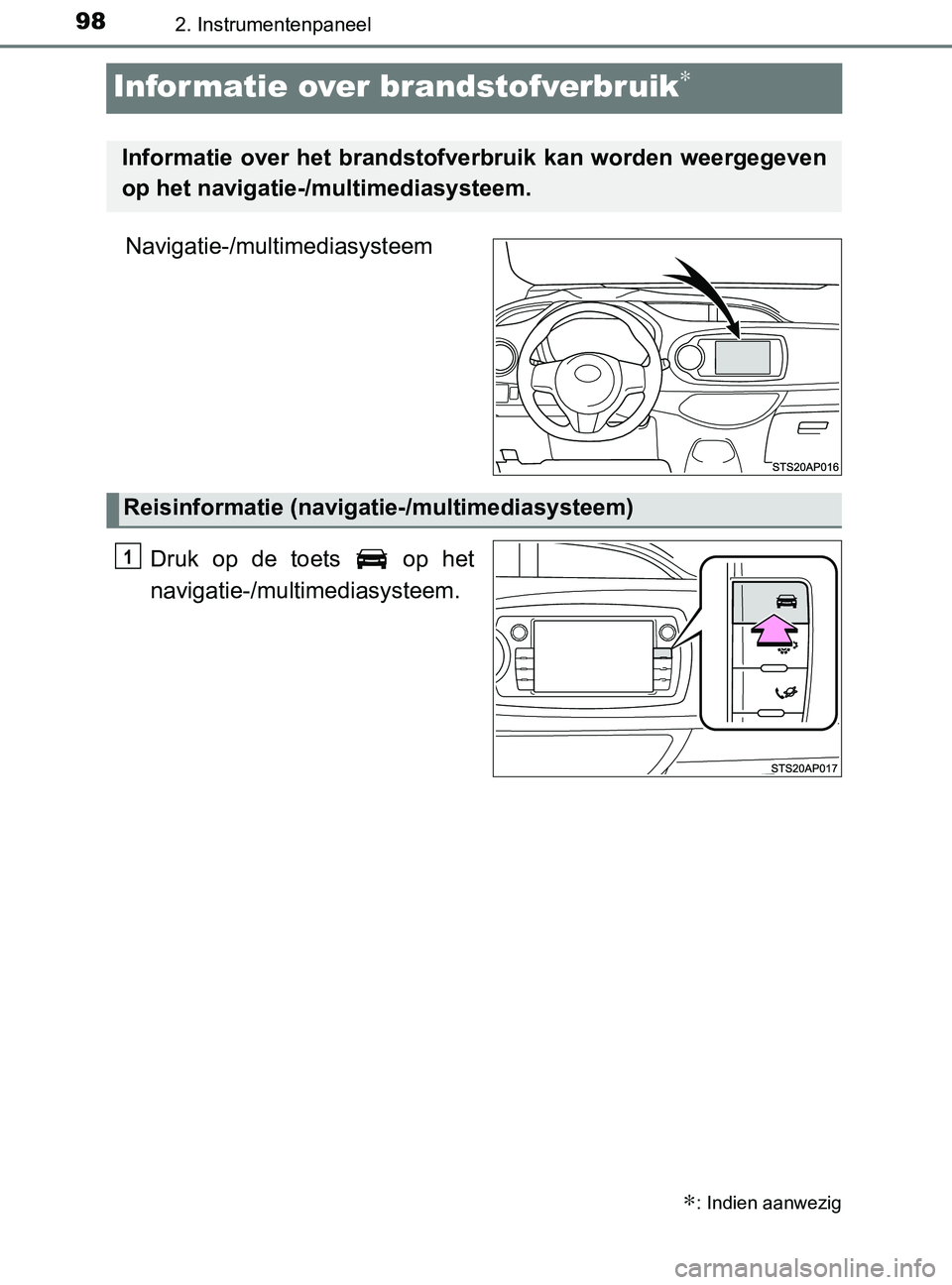 TOYOTA YARIS 2017 Instructieboekje (in Dutch) 982. Instrumentenpaneel
YARIS_F_OM_Europe_OM52J20E
Informatie over brandstofverbruik∗
Navigatie-/multimediasysteem
Druk op de toets op het
navigatie-/multimediasysteem.
∗: Indien aanwezig
I TOYOTA YARIS 2017 Instructieboekje (in Dutch) 982. Instrumentenpaneel
YARIS_F_OM_Europe_OM52J20E
Informatie over brandstofverbruik∗
Navigatie-/multimediasysteem
Druk op de toets op het
navigatie-/multimediasysteem.
∗: Indien aanwezig
I