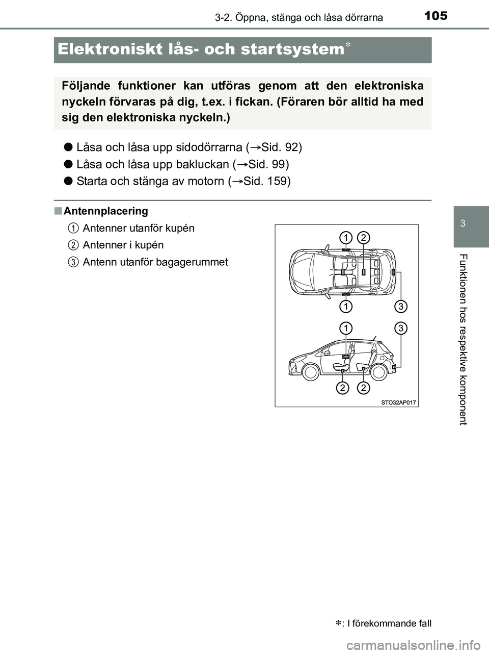 TOYOTA YARIS 2017 Bruksanvisningar (in Swedish) 105
3
3-2. Öppna, stänga och låsa dörrarna
Funktionen hos respektive komponent
OM52J20SE
Elektroniskt lås- och startsystem
lLåsa och låsa upp sidodörrarna ( Sid. 92)
l Låsa och låsa up TOYOTA YARIS 2017 Bruksanvisningar (in Swedish) 105
3
3-2. Öppna, stänga och låsa dörrarna
Funktionen hos respektive komponent
OM52J20SE
Elektroniskt lås- och startsystem
lLåsa och låsa upp sidodörrarna ( Sid. 92)
l Låsa och låsa up