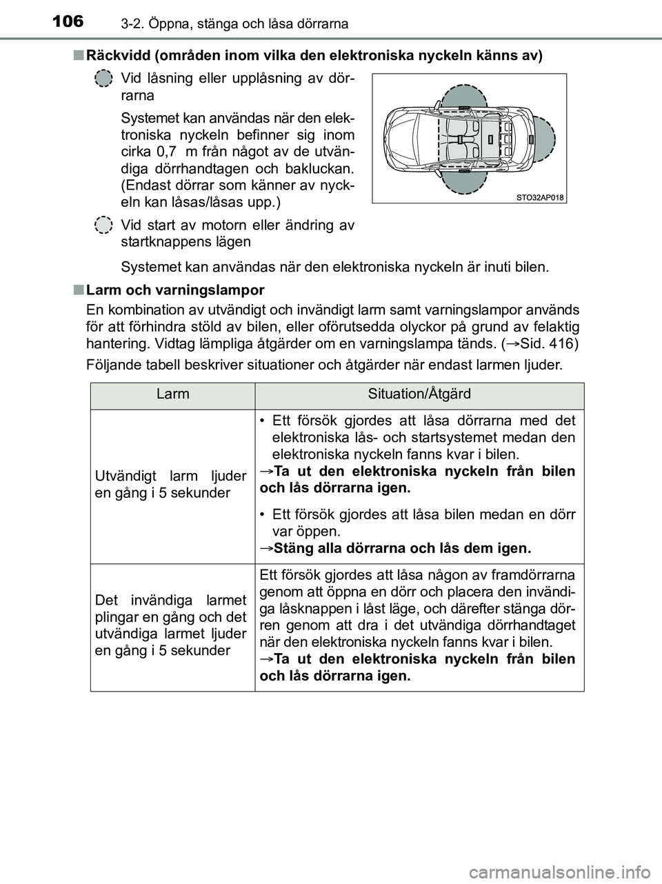 TOYOTA YARIS 2017 Bruksanvisningar (in Swedish) 1063-2. Öppna, stänga och låsa dörrarna
OM52J20SEn
Räckvidd (områden inom vilka den elektroniska nyckeln känns av)
Systemet kan användas när den elektroniska nyckeln är inuti bilen.
n Larm o TOYOTA YARIS 2017 Bruksanvisningar (in Swedish) 1063-2. Öppna, stänga och låsa dörrarna
OM52J20SEn
Räckvidd (områden inom vilka den elektroniska nyckeln känns av)
Systemet kan användas när den elektroniska nyckeln är inuti bilen.
n Larm o