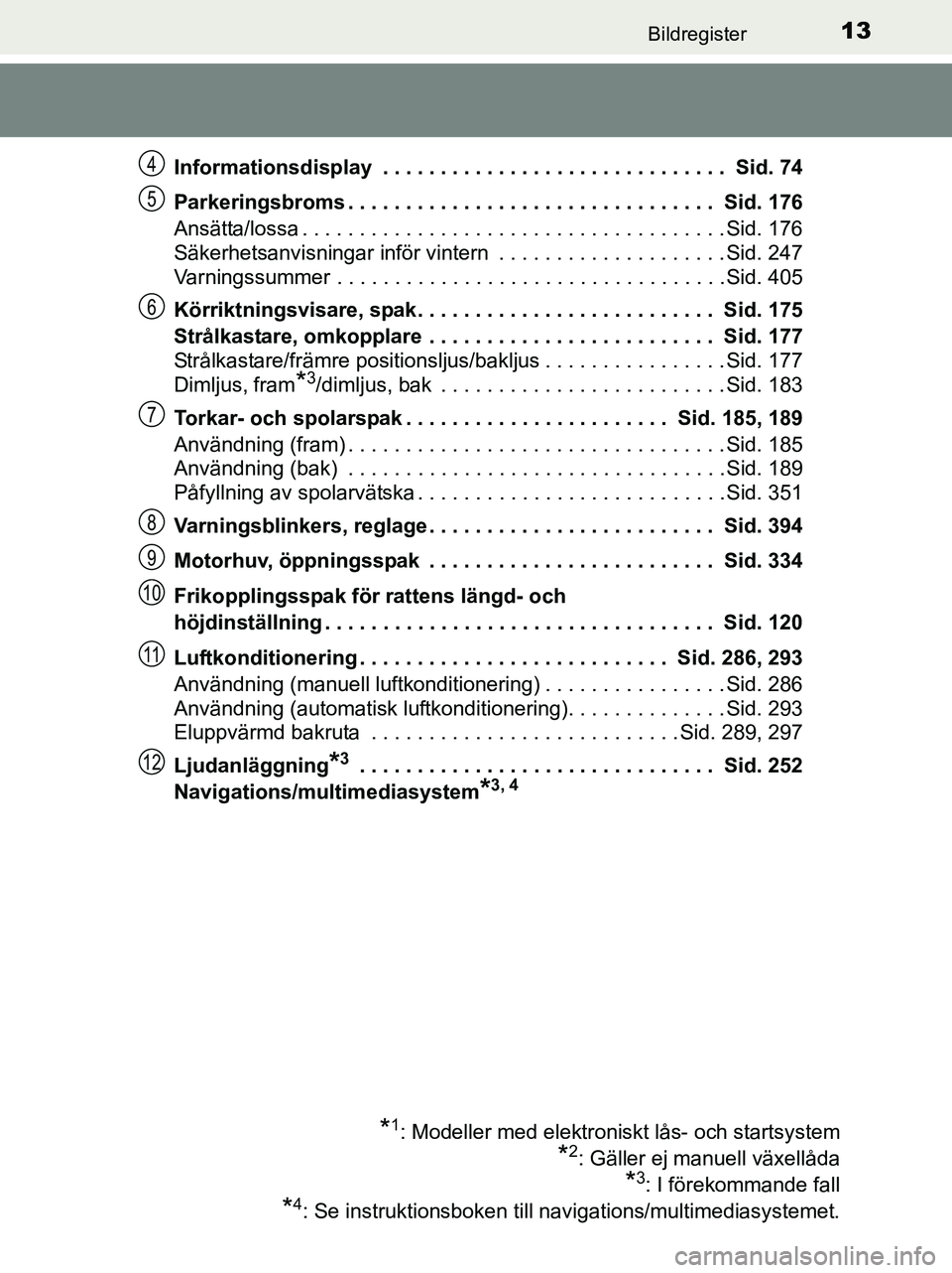 TOYOTA YARIS 2017 Bruksanvisningar (in Swedish) 13Bildregister
OM52J20SEInformationsdisplay . . . . . . . . . . . . . . . . . . . . . . . . . . . . . . Sid. 74
Parkeringsbroms . . . . . . . . . . . . . . . . . . . . . . . . . . . . . . . . Sid. TOYOTA YARIS 2017 Bruksanvisningar (in Swedish) 13Bildregister
OM52J20SEInformationsdisplay . . . . . . . . . . . . . . . . . . . . . . . . . . . . . . Sid. 74
Parkeringsbroms . . . . . . . . . . . . . . . . . . . . . . . . . . . . . . . . Sid.