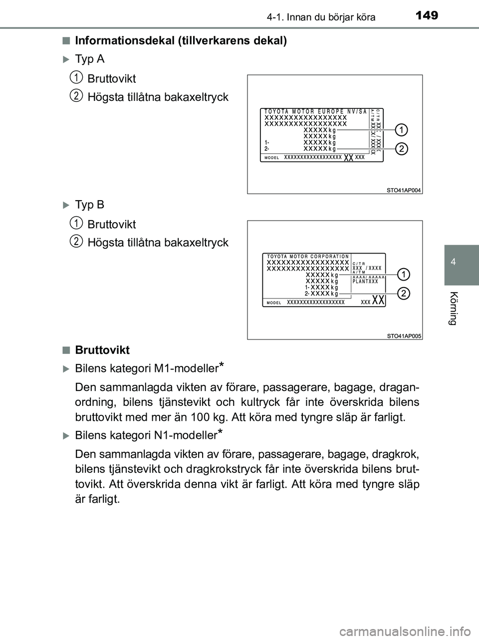 TOYOTA YARIS 2017 Bruksanvisningar (in Swedish) 1494-1. Innan du börjar köra
4
Körning
OM52J20SEn
Informationsdekal (tillverkarens dekal)
Ty p A
Bruttovikt
Högsta tillåtna bakaxeltryck
Ty p BBruttovikt
Högsta tillåtna bakaxeltryck
nB TOYOTA YARIS 2017 Bruksanvisningar (in Swedish) 1494-1. Innan du börjar köra
4
Körning
OM52J20SEn
Informationsdekal (tillverkarens dekal)
Ty p A
Bruttovikt
Högsta tillåtna bakaxeltryck
Ty p BBruttovikt
Högsta tillåtna bakaxeltryck
nB