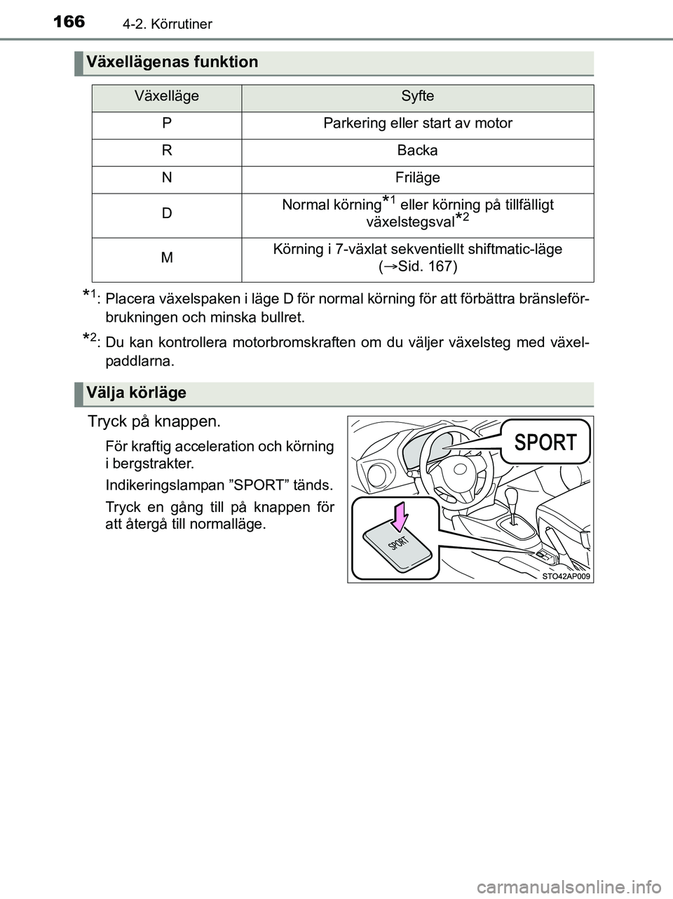 TOYOTA YARIS 2017 Bruksanvisningar (in Swedish) 1664-2. Körrutiner
OM52J20SE
*1: Placera växelspaken i läge D för normal körning för att förbättra bränsleför-brukningen och minska bullret.
*2: Du kan kontrollera motorbromskraften om du v TOYOTA YARIS 2017 Bruksanvisningar (in Swedish) 1664-2. Körrutiner
OM52J20SE
*1: Placera växelspaken i läge D för normal körning för att förbättra bränsleför-brukningen och minska bullret.
*2: Du kan kontrollera motorbromskraften om du v