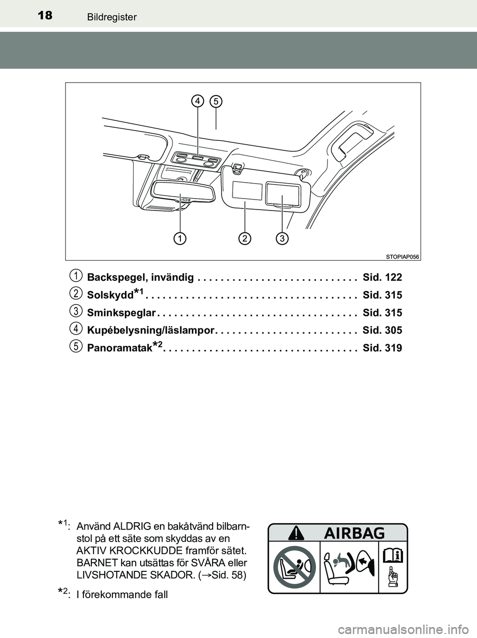 TOYOTA YARIS 2017 Bruksanvisningar (in Swedish) 18Bildregister
OM52J20SEBackspegel, invändig . . . . . . . . . . . . . . . . . . . . . . . . . . . . Sid. 122
Solskydd
*1. . . . . . . . . . . . . . . . . . . . . . . . . . . . . . . . . . . . . S TOYOTA YARIS 2017 Bruksanvisningar (in Swedish) 18Bildregister
OM52J20SEBackspegel, invändig . . . . . . . . . . . . . . . . . . . . . . . . . . . . Sid. 122
Solskydd
*1. . . . . . . . . . . . . . . . . . . . . . . . . . . . . . . . . . . . . S