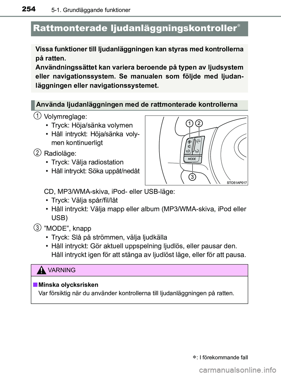 TOYOTA YARIS 2017 Bruksanvisningar (in Swedish) 2545-1. Grundläggande funktioner
OM52J20SE
Rattmonterade ljudanläggningskontroller
Volymreglage:• Tryck: Höja/sänka volymen
• Håll intryckt: Höja/sänka voly- men kontinuerligt
Radioläge TOYOTA YARIS 2017 Bruksanvisningar (in Swedish) 2545-1. Grundläggande funktioner
OM52J20SE
Rattmonterade ljudanläggningskontroller
Volymreglage:• Tryck: Höja/sänka volymen
• Håll intryckt: Höja/sänka voly- men kontinuerligt
Radioläge