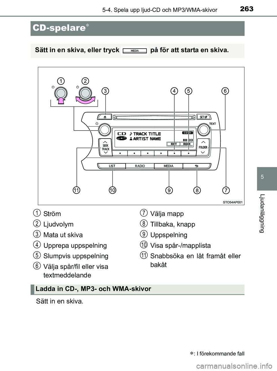 TOYOTA YARIS 2017 Bruksanvisningar (in Swedish) 263
5
5-4. Spela upp ljud-CD och MP3/WMA-skivor
Ljudanläggning
OM52J20SE
CD-spelare
Sätt in en skiva.
: I förekommande fall
Sätt in en skiva, eller tryck på för att starta en skiva.
St r TOYOTA YARIS 2017 Bruksanvisningar (in Swedish) 263
5
5-4. Spela upp ljud-CD och MP3/WMA-skivor
Ljudanläggning
OM52J20SE
CD-spelare
Sätt in en skiva.
: I förekommande fall
Sätt in en skiva, eller tryck på för att starta en skiva.
St r