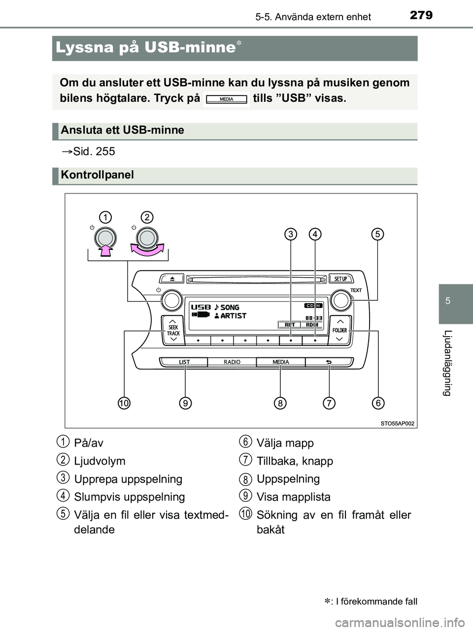 TOYOTA YARIS 2017 Bruksanvisningar (in Swedish) 279
5
5-5. Använda extern enhet
Ljudanläggning
OM52J20SE
Lyssna på USB-minne
Sid. 255
: I förekommande fall
Om du ansluter ett USB-minne kan du lyssna på musiken genom
bilens högtalare TOYOTA YARIS 2017 Bruksanvisningar (in Swedish) 279
5
5-5. Använda extern enhet
Ljudanläggning
OM52J20SE
Lyssna på USB-minne
Sid. 255
: I förekommande fall
Om du ansluter ett USB-minne kan du lyssna på musiken genom
bilens högtalare