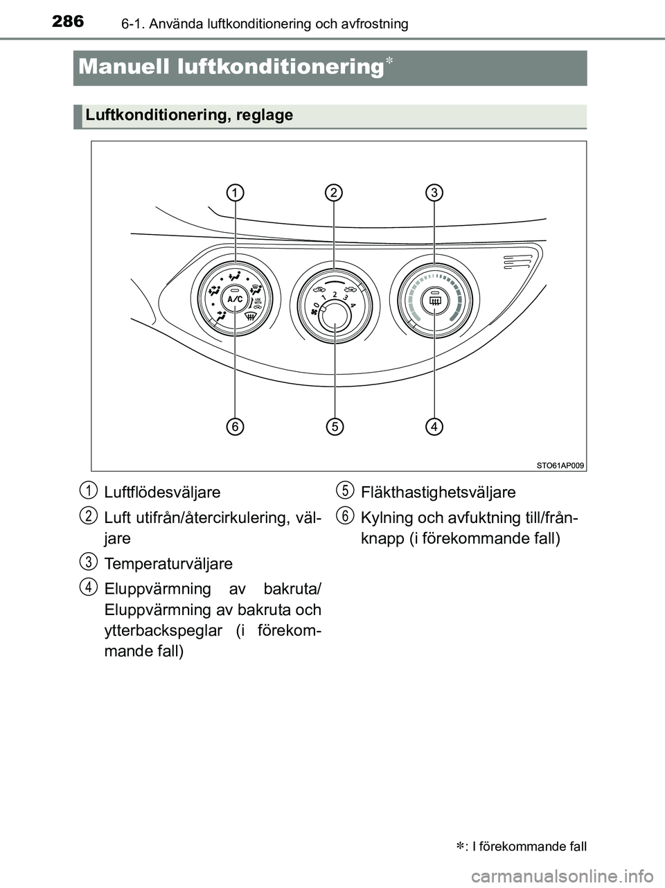 TOYOTA YARIS 2017 Bruksanvisningar (in Swedish) 2866-1. Använda luftkonditionering och avfrostning
OM52J20SE
Manuell luftkonditionering
: I förekommande fall
Luftkonditionering, reglage
Luftflödesväljare
Luft utifrån/återcirkulering, v TOYOTA YARIS 2017 Bruksanvisningar (in Swedish) 2866-1. Använda luftkonditionering och avfrostning
OM52J20SE
Manuell luftkonditionering
: I förekommande fall
Luftkonditionering, reglage
Luftflödesväljare
Luft utifrån/återcirkulering, v