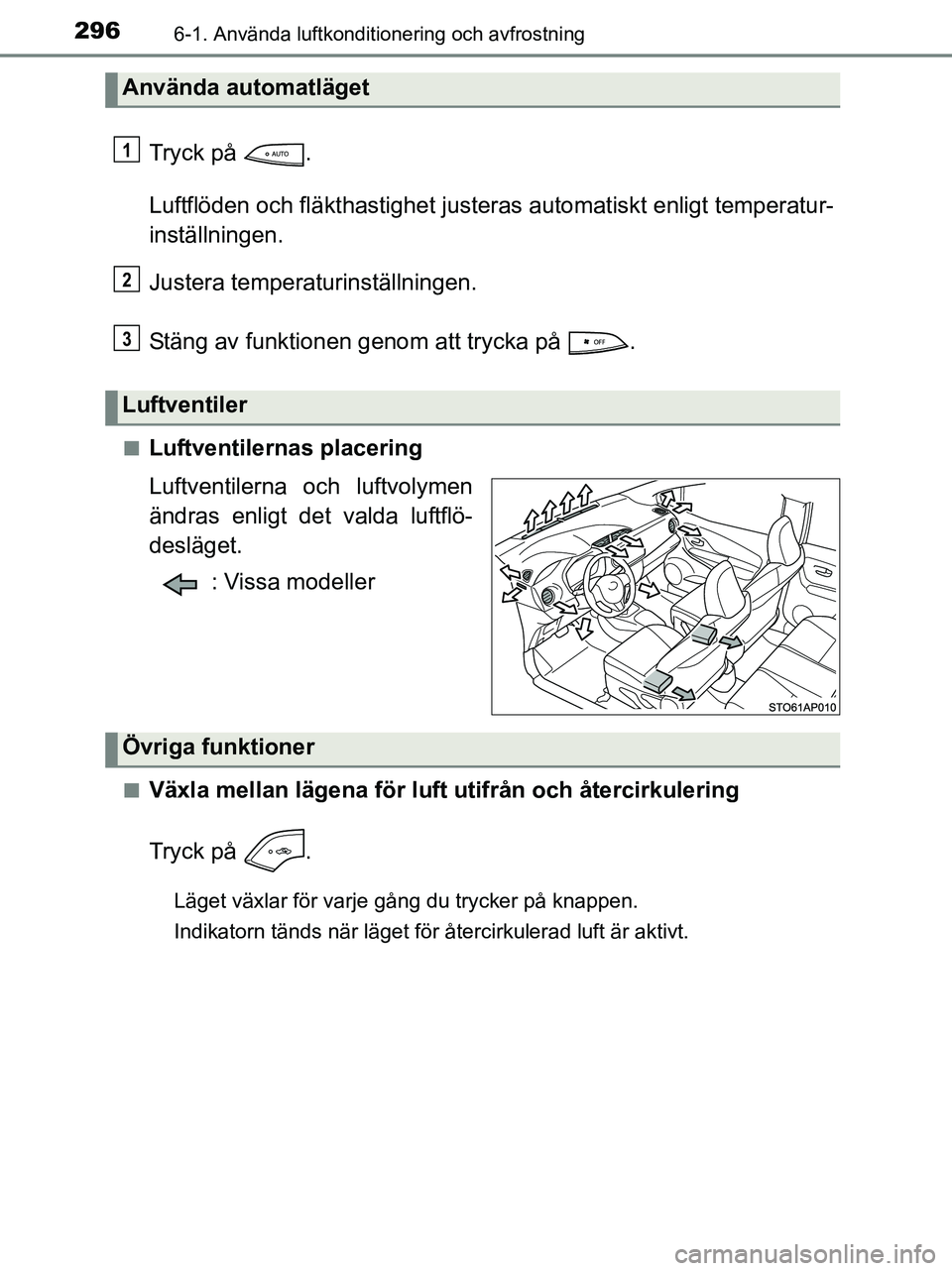 TOYOTA YARIS 2017 Bruksanvisningar (in Swedish) 2966-1. Använda luftkonditionering och avfrostning
OM52J20SE
Tryck på .
Luftflöden och fläkthastighet justeras automatiskt enligt temperatur-
inställningen.
Justera temperaturinställningen.
St TOYOTA YARIS 2017 Bruksanvisningar (in Swedish) 2966-1. Använda luftkonditionering och avfrostning
OM52J20SE
Tryck på .
Luftflöden och fläkthastighet justeras automatiskt enligt temperatur-
inställningen.
Justera temperaturinställningen.
St