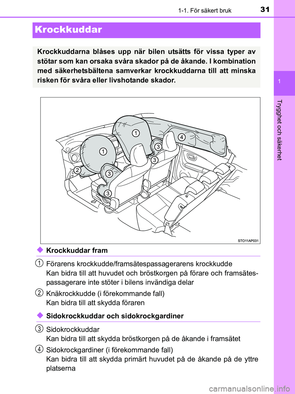 TOYOTA YARIS 2017 Bruksanvisningar (in Swedish) 311-1. För säkert bruk
1
Trygghet och säkerhet
OM52J20SE
Krockkuddar
uKrockkuddar fram
Förarens krockkudde/framsätespassagerarens krockkudde
Kan bidra till att huvudet och bröstkorgen på förar TOYOTA YARIS 2017 Bruksanvisningar (in Swedish) 311-1. För säkert bruk
1
Trygghet och säkerhet
OM52J20SE
Krockkuddar
uKrockkuddar fram
Förarens krockkudde/framsätespassagerarens krockkudde
Kan bidra till att huvudet och bröstkorgen på förar