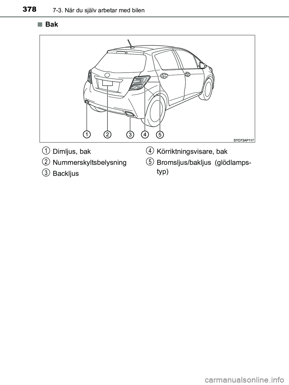 TOYOTA YARIS 2017  Bruksanvisningar (in Swedish) 3787-3. När du själv arbetar med bilen
OM52J20SEn
Bak
Dimljus, bak
Nummerskyltsbelysning
Backljus
Körriktningsvisare, bak
Bromsljus/bakljus (glödlamps-
typ)1
2
3
4
5
OM52J20SE.book  Page 378  Frid