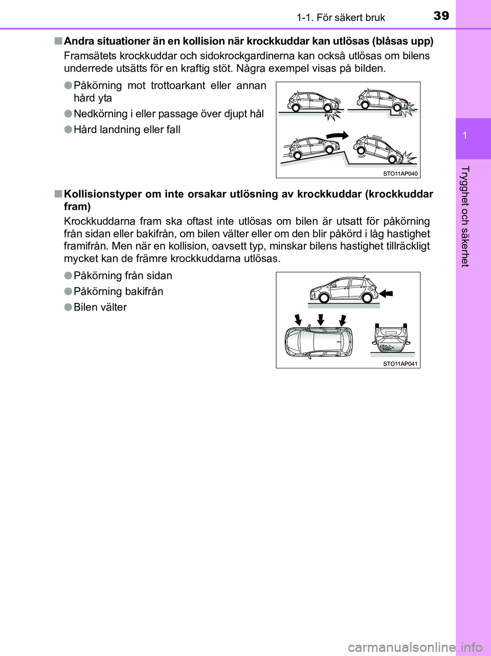 TOYOTA YARIS 2017 Bruksanvisningar (in Swedish) 391-1. För säkert bruk
1
Trygghet och säkerhet
OM52J20SEn
Andra situationer än en kollision nä r krockkuddar kan utlösas (blåsas upp)
Framsätets krockkuddar och sidokrockgardinerna kan också TOYOTA YARIS 2017 Bruksanvisningar (in Swedish) 391-1. För säkert bruk
1
Trygghet och säkerhet
OM52J20SEn
Andra situationer än en kollision nä r krockkuddar kan utlösas (blåsas upp)
Framsätets krockkuddar och sidokrockgardinerna kan också