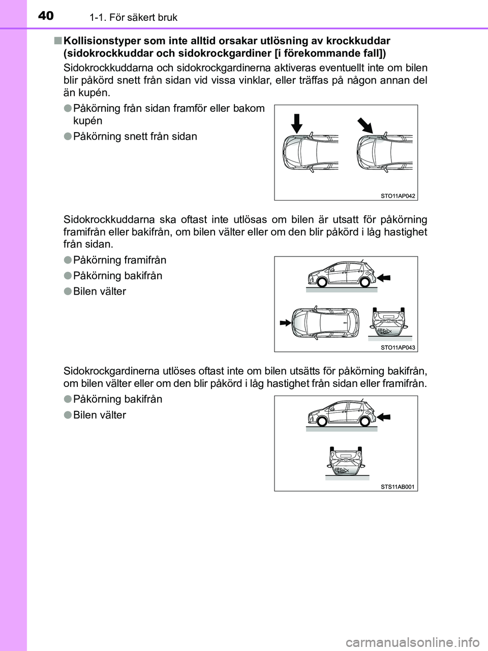 TOYOTA YARIS 2017  Bruksanvisningar (in Swedish) 401-1. För säkert bruk
OM52J20SEn
Kollisionstyper som inte alltid  orsakar utlösning av krockkuddar 
(sidokrockkuddar och sidokrockgar diner [i förekommande fall])
Sidokrockkuddarna och sidokrockg