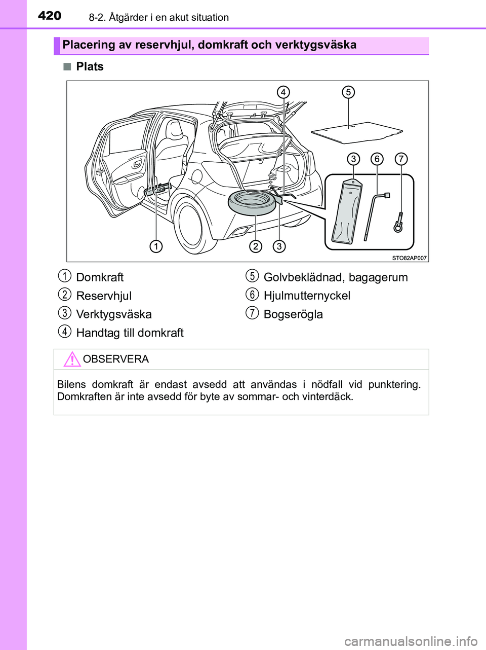 TOYOTA YARIS 2017 Bruksanvisningar (in Swedish) 4208-2. Åtgärder i en akut situation
OM52J20SEn
Plats
Placering av reservhjul, domkraft och verktygsväska
Domkraft
Reservhjul
Ve r k t y g s v ä s k a
Handtag till domkraft
Golvbeklädnad, bagager TOYOTA YARIS 2017 Bruksanvisningar (in Swedish) 4208-2. Åtgärder i en akut situation
OM52J20SEn
Plats
Placering av reservhjul, domkraft och verktygsväska
Domkraft
Reservhjul
Ve r k t y g s v ä s k a
Handtag till domkraft
Golvbeklädnad, bagager