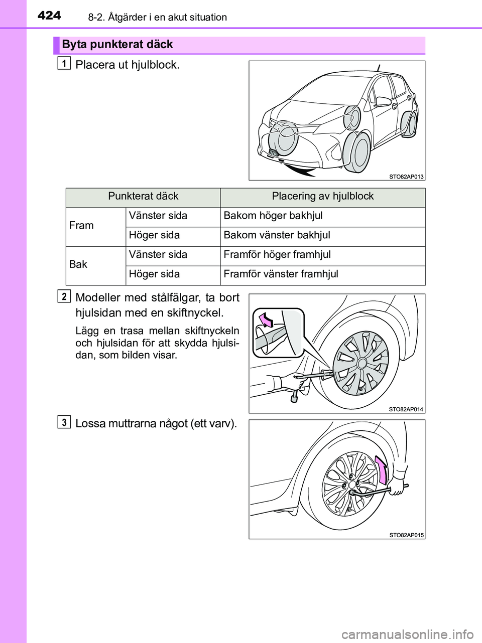 TOYOTA YARIS 2017 Bruksanvisningar (in Swedish) 4248-2. Åtgärder i en akut situation
OM52J20SE
Placera ut hjulblock.
Modeller med stålfälgar, ta bort
hjulsidan med en skiftnyckel.
Lägg en trasa mellan skiftnyckeln
och hjulsidan för att skydda TOYOTA YARIS 2017 Bruksanvisningar (in Swedish) 4248-2. Åtgärder i en akut situation
OM52J20SE
Placera ut hjulblock.
Modeller med stålfälgar, ta bort
hjulsidan med en skiftnyckel.
Lägg en trasa mellan skiftnyckeln
och hjulsidan för att skydda