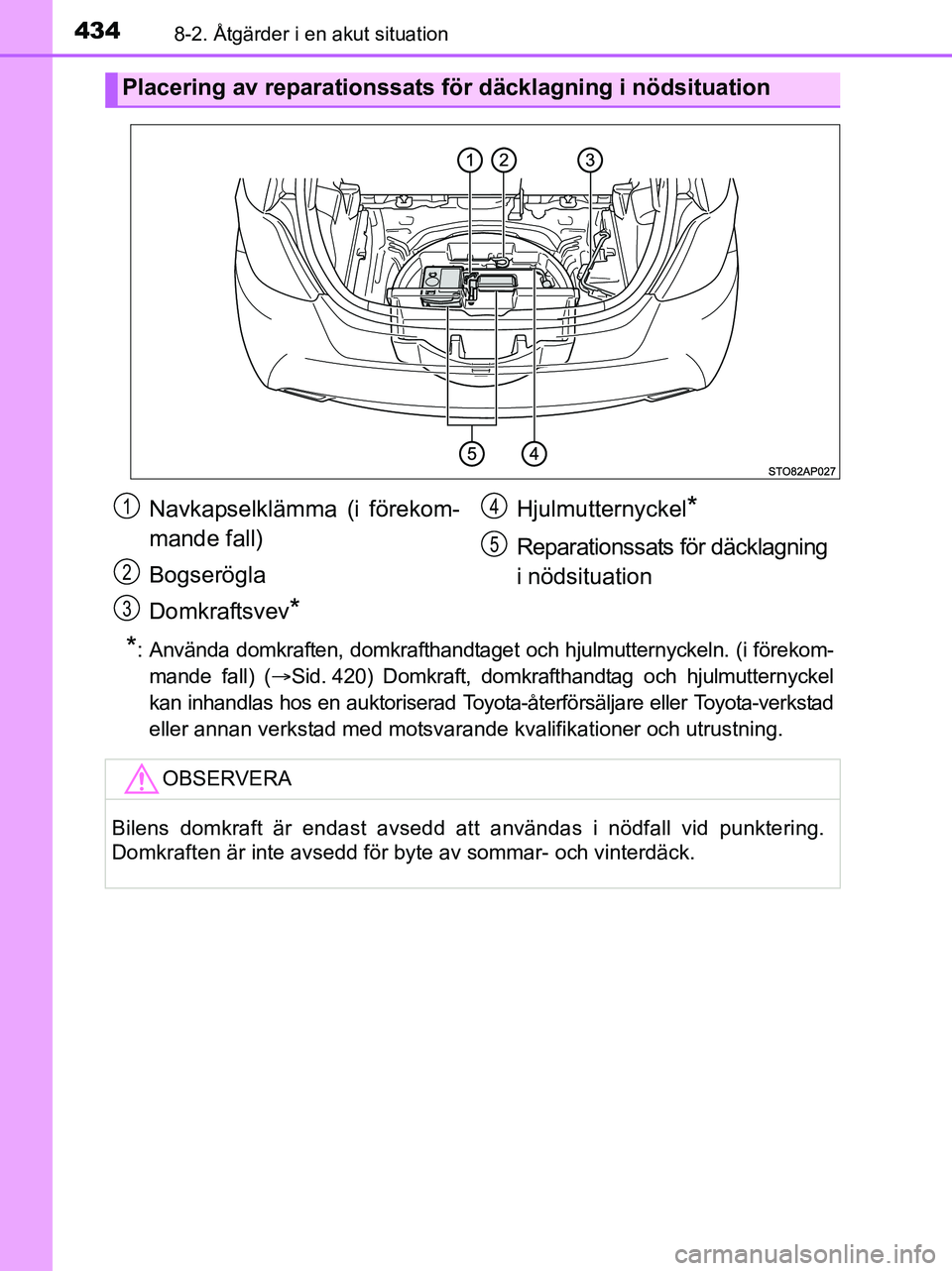TOYOTA YARIS 2017 Bruksanvisningar (in Swedish) 4348-2. Åtgärder i en akut situation
OM52J20SE
*: Använda domkraften, domkrafthandtaget och hjulmutternyckeln. (i förekom-mande fall) ( Sid. 420) Domkraft, domkrafthandtag och hjulmutternyckel
TOYOTA YARIS 2017 Bruksanvisningar (in Swedish) 4348-2. Åtgärder i en akut situation
OM52J20SE
*: Använda domkraften, domkrafthandtaget och hjulmutternyckeln. (i förekom-mande fall) ( Sid. 420) Domkraft, domkrafthandtag och hjulmutternyckel