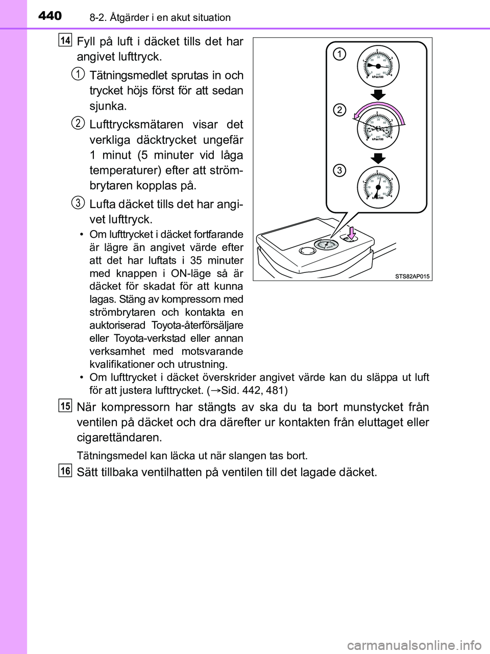 TOYOTA YARIS 2017 Bruksanvisningar (in Swedish) 4408-2. Åtgärder i en akut situation
OM52J20SE
Fyll på luft i däcket tills det har
angivet lufttryck.Tätningsmedlet sprutas in och
trycket höjs först för att sedan
sjunka.
Lufttrycksmätaren v TOYOTA YARIS 2017 Bruksanvisningar (in Swedish) 4408-2. Åtgärder i en akut situation
OM52J20SE
Fyll på luft i däcket tills det har
angivet lufttryck.Tätningsmedlet sprutas in och
trycket höjs först för att sedan
sjunka.
Lufttrycksmätaren v