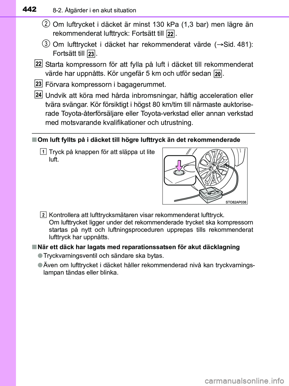 TOYOTA YARIS 2017 Bruksanvisningar (in Swedish) 4428-2. Åtgärder i en akut situation
OM52J20SE
Om luftrycket i däcket är minst 130 kPa (1,3 bar) men lägre än
rekommenderat lufttryck: Fortsätt till .
Om lufttrycket i däcket har rekommendera TOYOTA YARIS 2017 Bruksanvisningar (in Swedish) 4428-2. Åtgärder i en akut situation
OM52J20SE
Om luftrycket i däcket är minst 130 kPa (1,3 bar) men lägre än
rekommenderat lufttryck: Fortsätt till .
Om lufttrycket i däcket har rekommendera