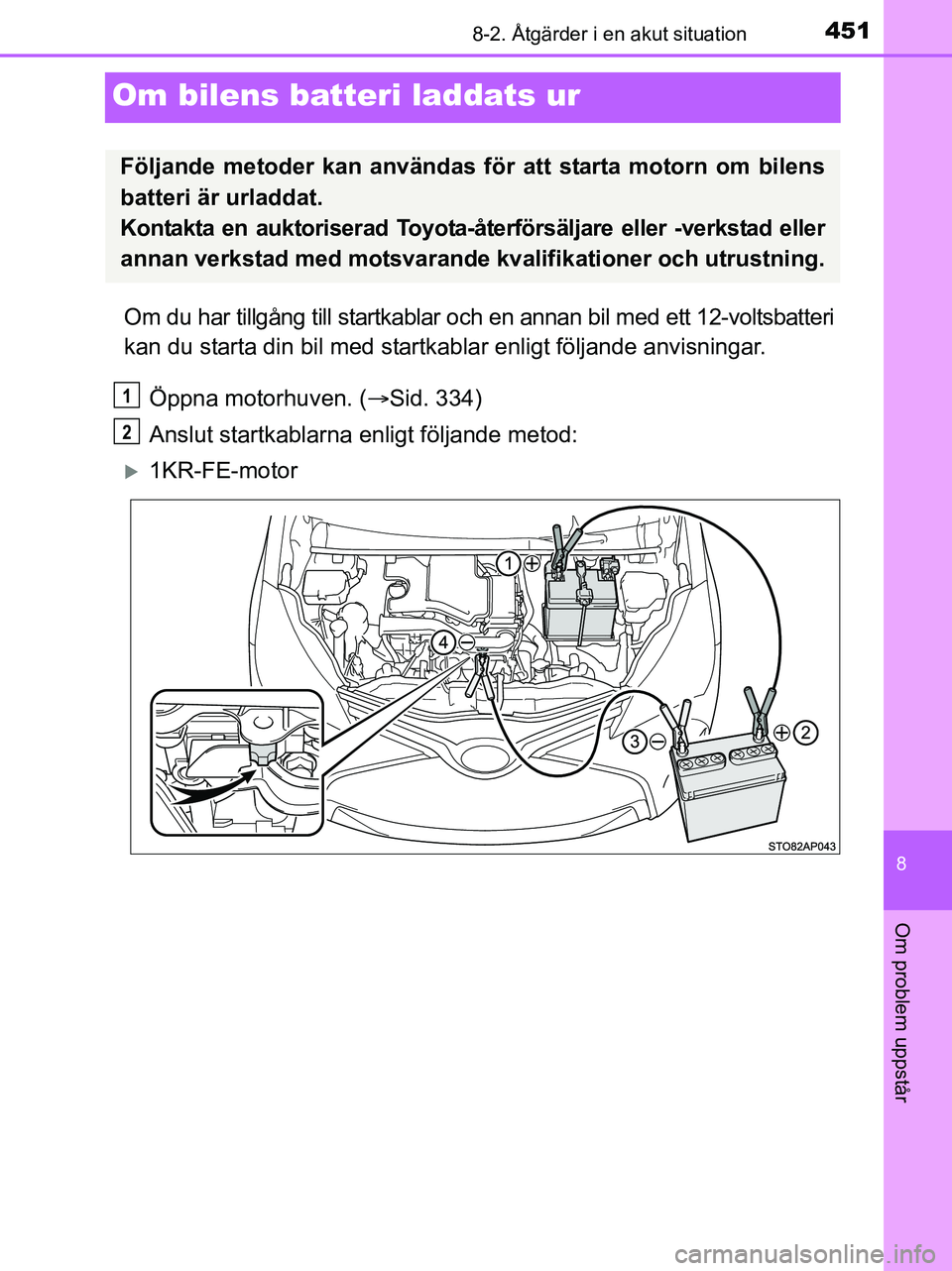 TOYOTA YARIS 2017 Bruksanvisningar (in Swedish) 4518-2. Åtgärder i en akut situation
8
Om problem uppstår
OM52J20SE
Om bilens batteri laddats ur
Om du har tillgång till startkablar och en annan bil med ett 12-voltsbatteri
kan du starta din bil TOYOTA YARIS 2017 Bruksanvisningar (in Swedish) 4518-2. Åtgärder i en akut situation
8
Om problem uppstår
OM52J20SE
Om bilens batteri laddats ur
Om du har tillgång till startkablar och en annan bil med ett 12-voltsbatteri
kan du starta din bil