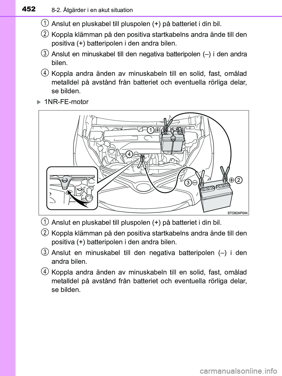 TOYOTA YARIS 2017 Bruksanvisningar (in Swedish) 4528-2. Åtgärder i en akut situation
OM52J20SE
Anslut en pluskabel till pluspolen (+) på batteriet i din bil.
Koppla klämman på den positiva startkabelns andra ände till den
positiva (+) batteri TOYOTA YARIS 2017 Bruksanvisningar (in Swedish) 4528-2. Åtgärder i en akut situation
OM52J20SE
Anslut en pluskabel till pluspolen (+) på batteriet i din bil.
Koppla klämman på den positiva startkabelns andra ände till den
positiva (+) batteri