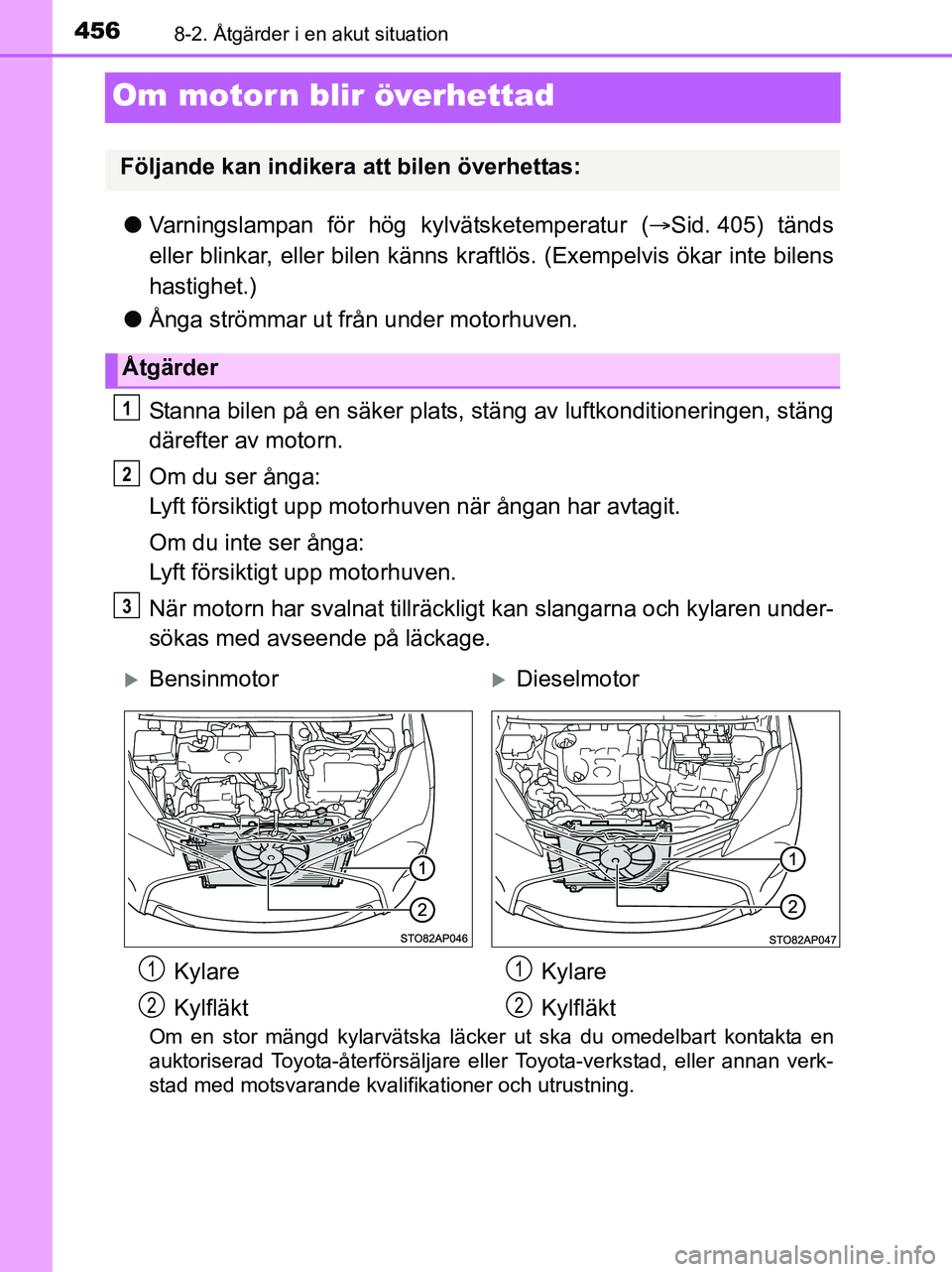 TOYOTA YARIS 2017 Bruksanvisningar (in Swedish) 4568-2. Åtgärder i en akut situation
OM52J20SE
Om motorn blir överhettad
lVarningslampan för hög kylvätsketemperatur ( Sid. 405) tänds
eller blinkar, eller bilen känns kraf tlös. (Exempelv TOYOTA YARIS 2017 Bruksanvisningar (in Swedish) 4568-2. Åtgärder i en akut situation
OM52J20SE
Om motorn blir överhettad
lVarningslampan för hög kylvätsketemperatur ( Sid. 405) tänds
eller blinkar, eller bilen känns kraf tlös. (Exempelv