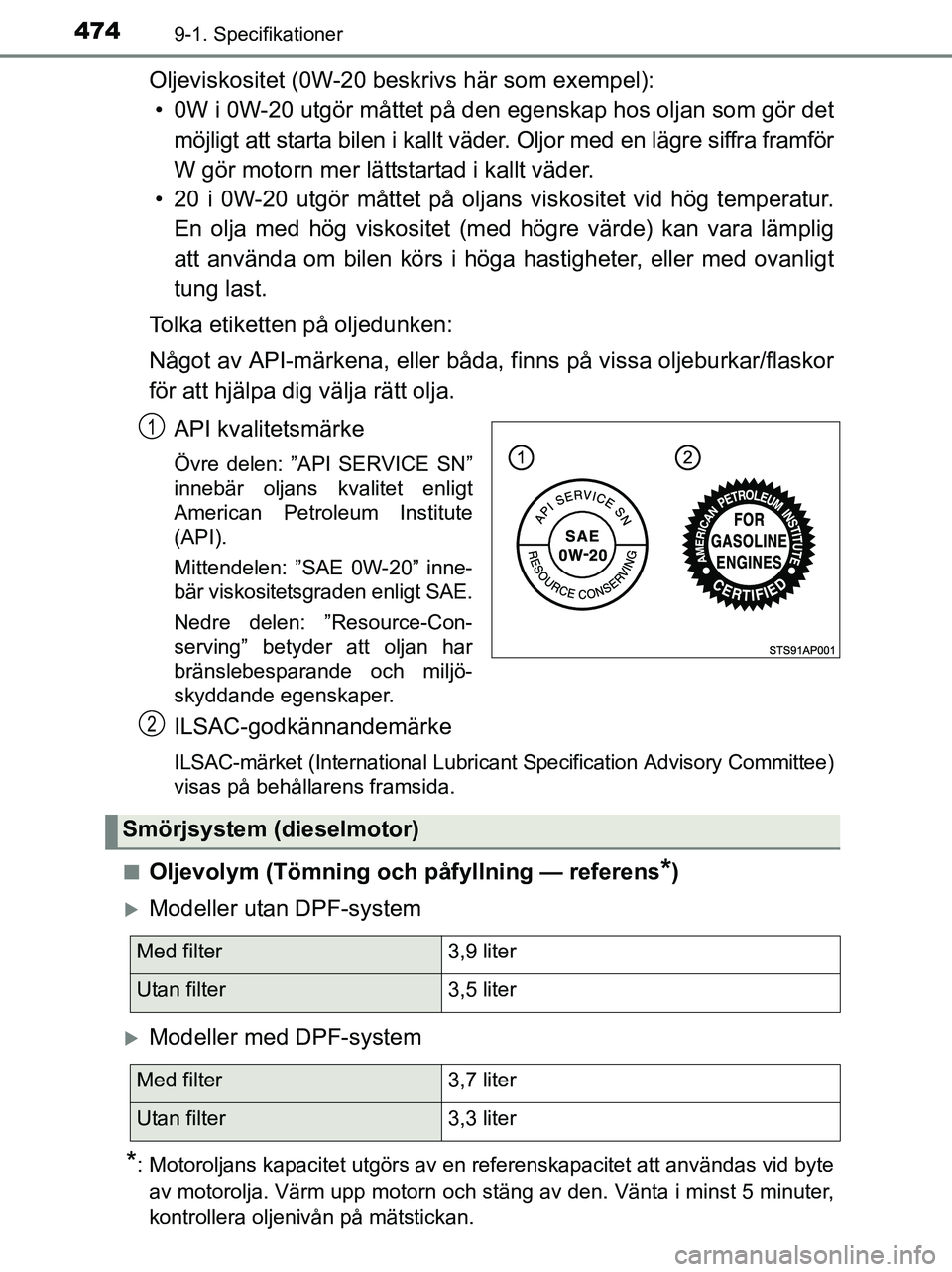 TOYOTA YARIS 2017 Bruksanvisningar (in Swedish) 4749-1. Specifikationer
OM52J20SE
Oljeviskositet (0W-20 beskrivs här som exempel):• 0W i 0W-20 utgör måttet på den egenskap hos oljan som gör det
möjligt att starta bilen i kallt väder. Oljo TOYOTA YARIS 2017 Bruksanvisningar (in Swedish) 4749-1. Specifikationer
OM52J20SE
Oljeviskositet (0W-20 beskrivs här som exempel):• 0W i 0W-20 utgör måttet på den egenskap hos oljan som gör det
möjligt att starta bilen i kallt väder. Oljo