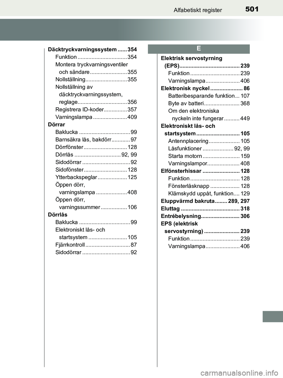 TOYOTA YARIS 2017 Bruksanvisningar (in Swedish) 501Alfabetiskt register
OM52J20SE
Däcktryckvarningssystem ...... 354Funktion ................................ 354
Montera tryckvarningsventiler
och sändare ........................ 355
Nollställni TOYOTA YARIS 2017 Bruksanvisningar (in Swedish) 501Alfabetiskt register
OM52J20SE
Däcktryckvarningssystem ...... 354Funktion ................................ 354
Montera tryckvarningsventiler
och sändare ........................ 355
Nollställni