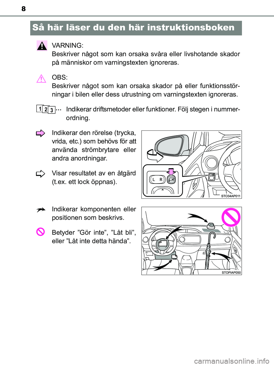 TOYOTA YARIS 2017 Bruksanvisningar (in Swedish) 8
OM52J20SE
Så här läser du den här instruktionsboken
VA R N I N G :
Beskriver något som kan orsaka svåra eller livshotande skador
på människor om varningstexten ignoreras.
OBS:
Beskriver n TOYOTA YARIS 2017 Bruksanvisningar (in Swedish) 8
OM52J20SE
Så här läser du den här instruktionsboken
VA R N I N G :
Beskriver något som kan orsaka svåra eller livshotande skador
på människor om varningstexten ignoreras.
OBS:
Beskriver n