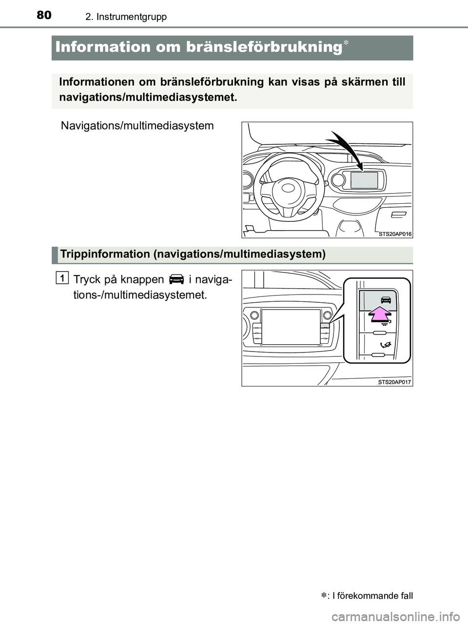 TOYOTA YARIS 2017  Bruksanvisningar (in Swedish) 802. Instrumentgrupp
OM52J20SE
Information om bränsleförbrukning
Navigations/multimediasystemTryck på knappen   i naviga-
tions-/multimediasystemet.
: I förekommande fall
Informationen om br