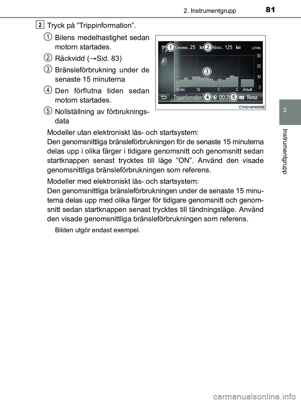 TOYOTA YARIS 2017 Bruksanvisningar (in Swedish) 812. Instrumentgrupp
2
Instrumentgrupp
OM52J20SE
Tryck på ”Trippinformation”.Bilens medelha stighet sedan
motorn startades.
Räckvidd ( Sid. 83)
Bränsleförbrukning under de
senaste 15 minute TOYOTA YARIS 2017 Bruksanvisningar (in Swedish) 812. Instrumentgrupp
2
Instrumentgrupp
OM52J20SE
Tryck på ”Trippinformation”.Bilens medelha stighet sedan
motorn startades.
Räckvidd ( Sid. 83)
Bränsleförbrukning under de
senaste 15 minute
