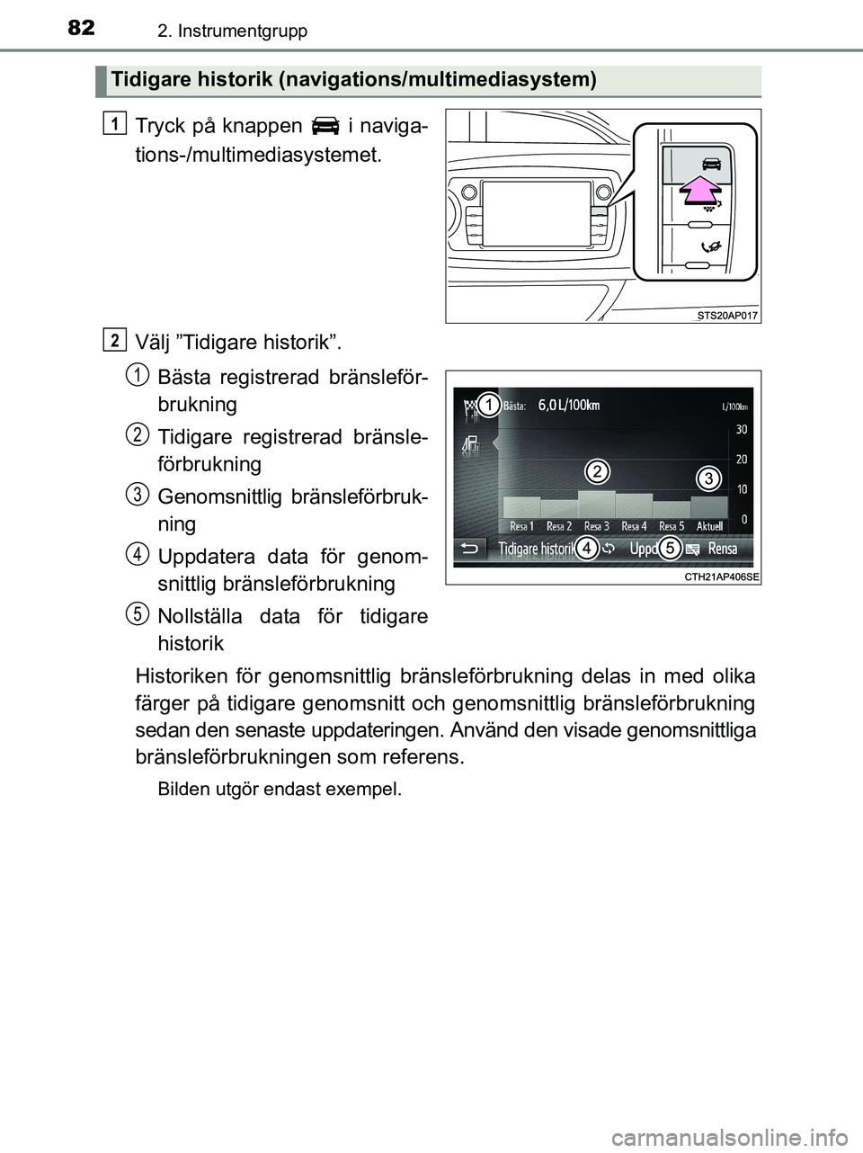 TOYOTA YARIS 2017 Bruksanvisningar (in Swedish) 822. Instrumentgrupp
OM52J20SE
Tryck på knappen i naviga-
tions-/multimediasystemet.
Välj ”Tidigare historik”.Bästa registrerad bränsleför-
brukning
Tidigare registrerad bränsle-
förbrukn TOYOTA YARIS 2017 Bruksanvisningar (in Swedish) 822. Instrumentgrupp
OM52J20SE
Tryck på knappen i naviga-
tions-/multimediasystemet.
Välj ”Tidigare historik”.Bästa registrerad bränsleför-
brukning
Tidigare registrerad bränsle-
förbrukn