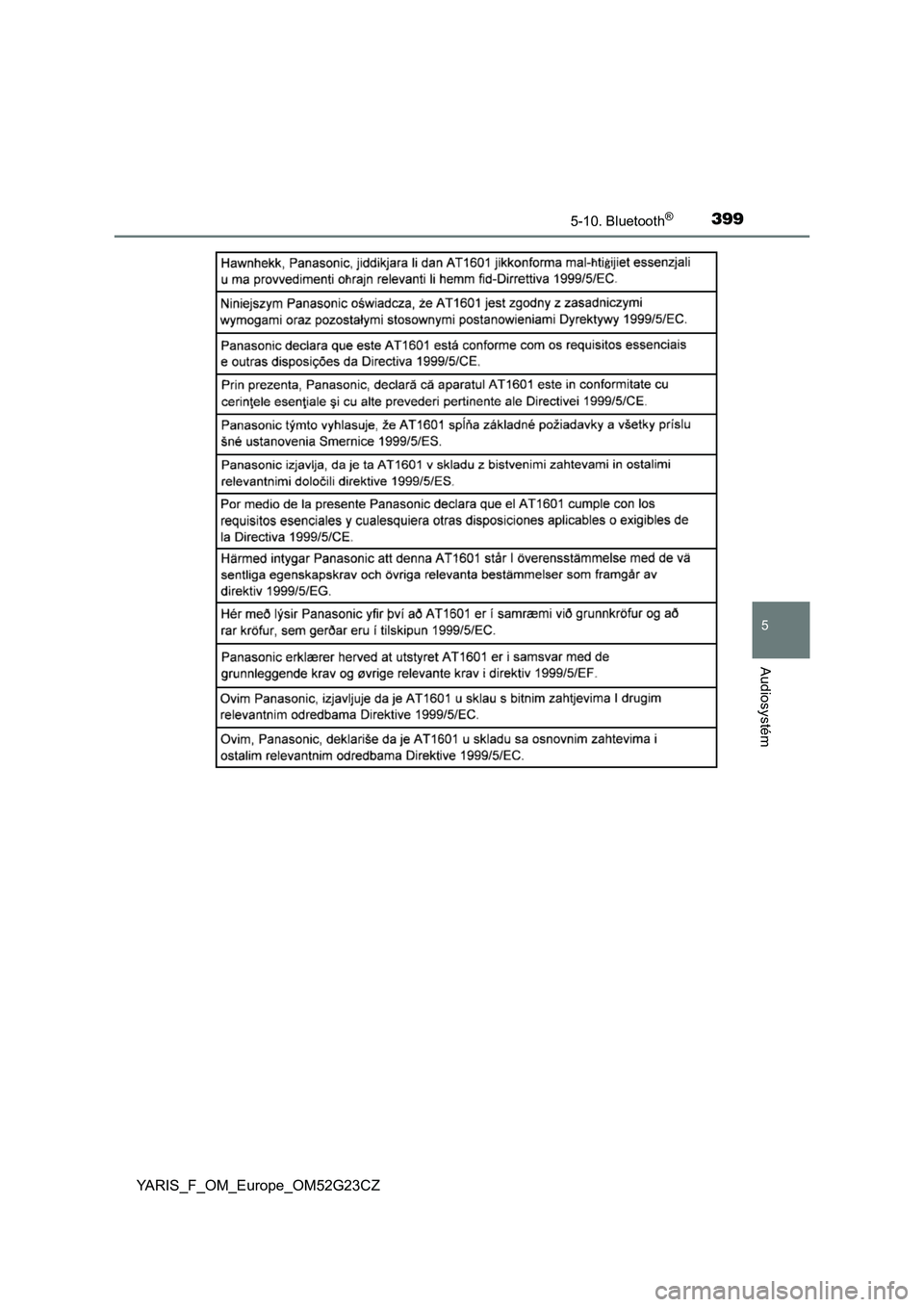 TOYOTA YARIS 2017 Návod na použití (in Czech) 3995-10. Bluetooth®
5
Audiosystém
YARIS_F_OM_Europe_OM52G23CZ TOYOTA YARIS 2017 Návod na použití (in Czech) 3995-10. Bluetooth®
5
Audiosystém
YARIS_F_OM_Europe_OM52G23CZ