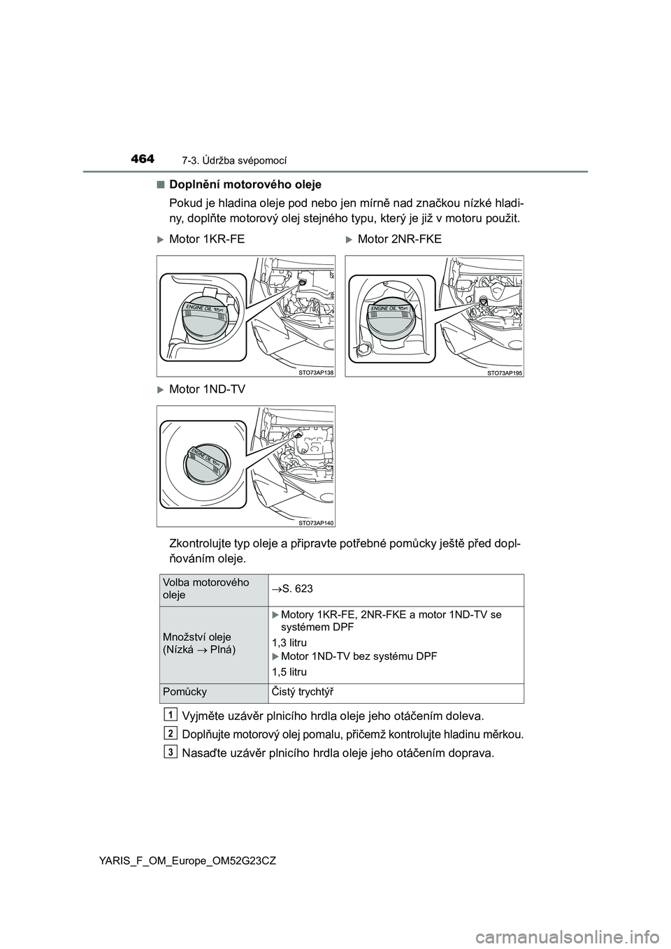 TOYOTA YARIS 2017  Návod na použití (in Czech) 4647-3. Údržba svépomocí
YARIS_F_OM_Europe_OM52G23CZ■
Doplnění motorového oleje
Pokud je hladina oleje pod nebo jen mírně nad značkou nízké hladi-
ny, doplňte motorový olej stejného t