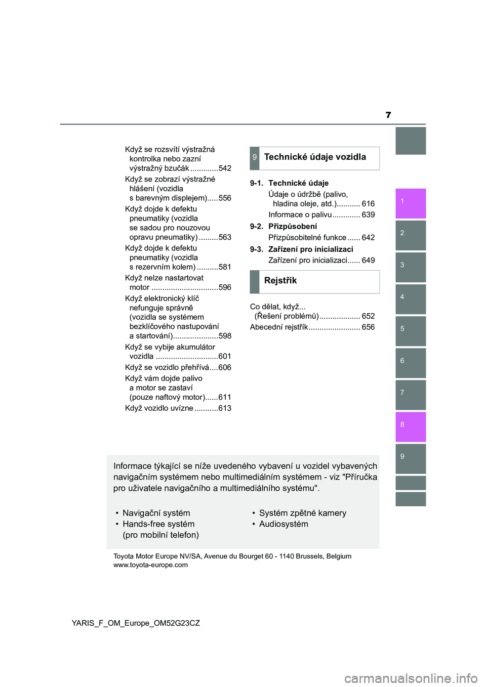 TOYOTA YARIS 2017  Návod na použití (in Czech) 7
1
7
8 6 5
4
3
2
9
YARIS_F_OM_Europe_OM52G23CZKdyž se rozsvítí výstražná 
kontrolka nebo zazní 
výstražný bzučák .............542
Když se zobrazí výstražné 
hlášení (vozidla 
s ba