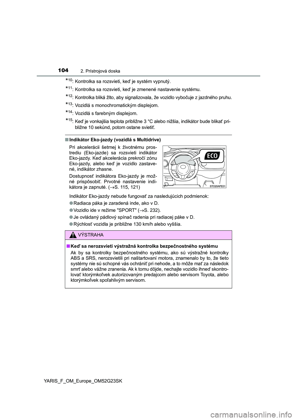 TOYOTA YARIS 2017  Návod na použitie (in Slovakian) 1042. Prístrojová doska
YARIS_F_OM_Europe_OM52G23SK
*10: Kontrolka sa rozsvieti, keď je systém vypnutý.
*11: Kontrolka sa rozsvieti, keď je zmenené nastavenie systému.
*12: Kontrolka bliká ž