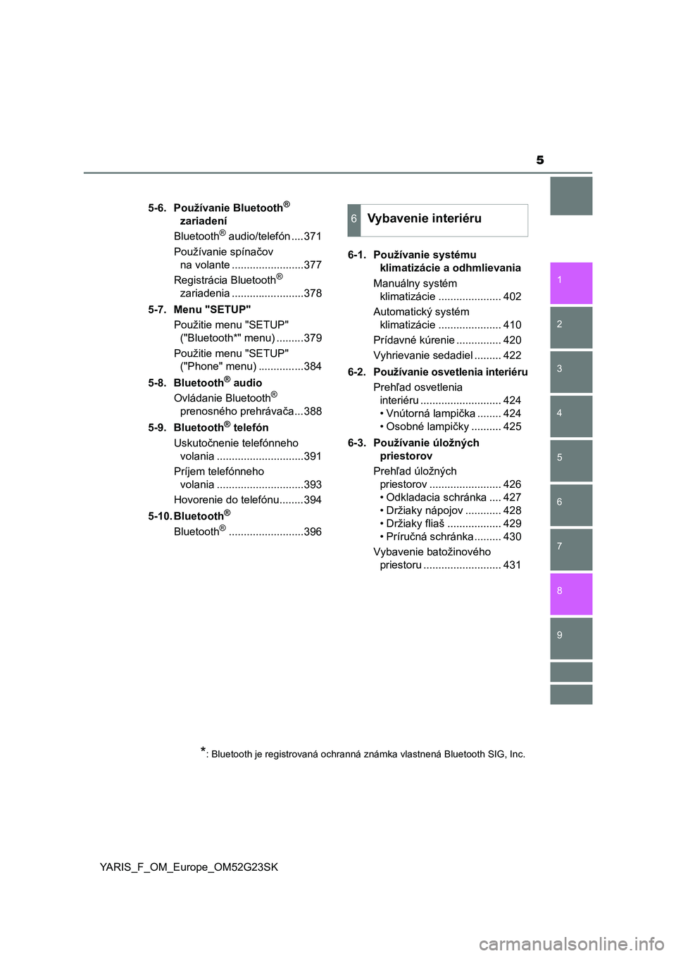 TOYOTA YARIS 2017  Návod na použitie (in Slovakian) 5
1
7
8 6 5
4
3
2
9
YARIS_F_OM_Europe_OM52G23SK5-6. Používanie Bluetooth
® 
zariadení
Bluetooth
® audio/telefón ....371
Používanie spínačov 
na volante ........................377
Registrác