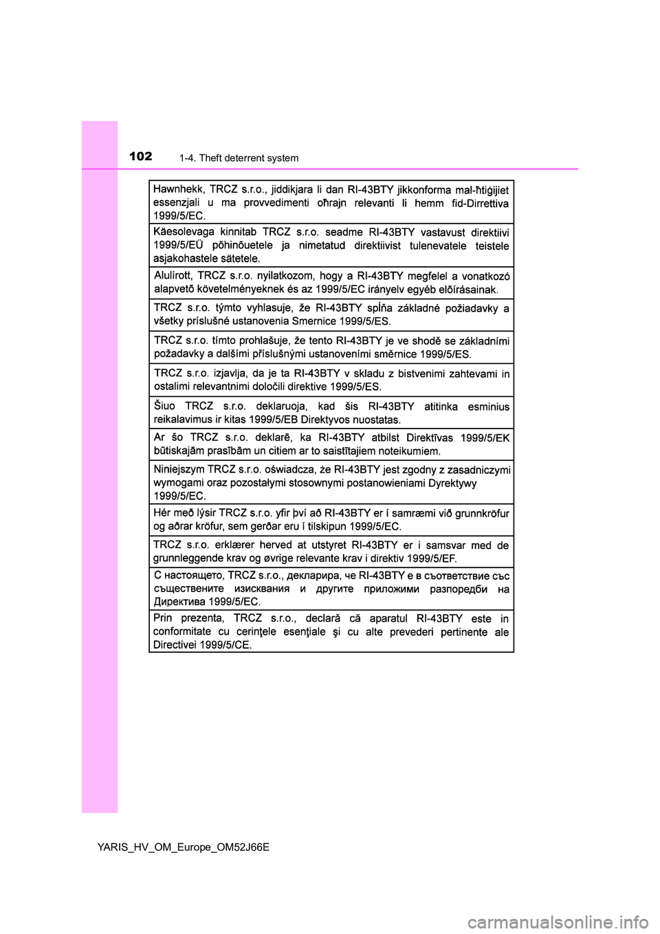 TOYOTA YARIS 2018  Owners Manual 1021-4. Theft deterrent system
YARIS_HV_OM_Europe_OM52J66E 
