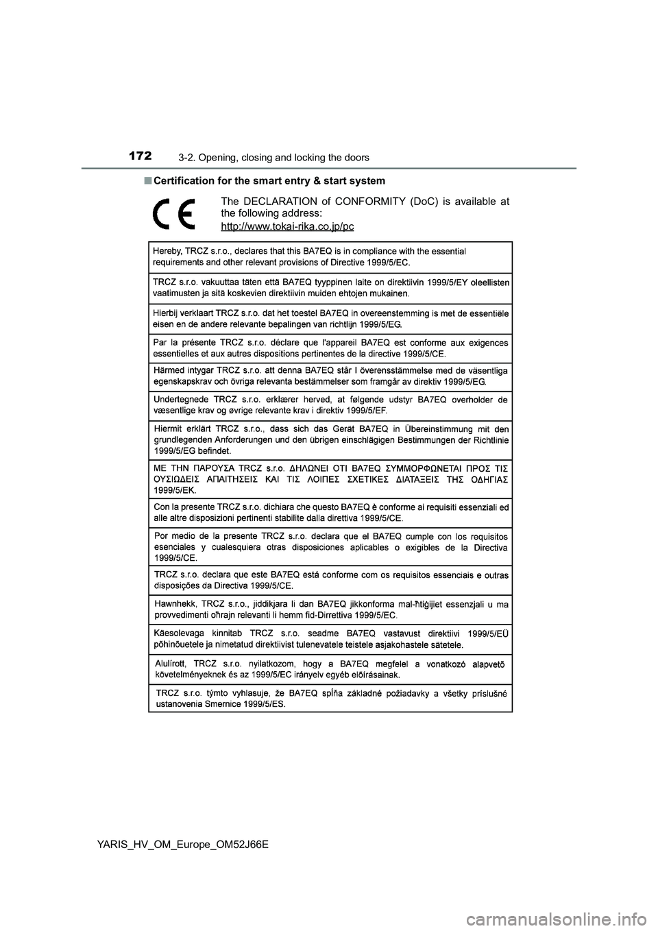 TOYOTA YARIS 2018  Owners Manual 1723-2. Opening, closing and locking the doors
YARIS_HV_OM_Europe_OM52J66E 
■ Certification for the smart entry & start system
The DECLARATION of CONFORMITY (DoC) is available at 
the following addr