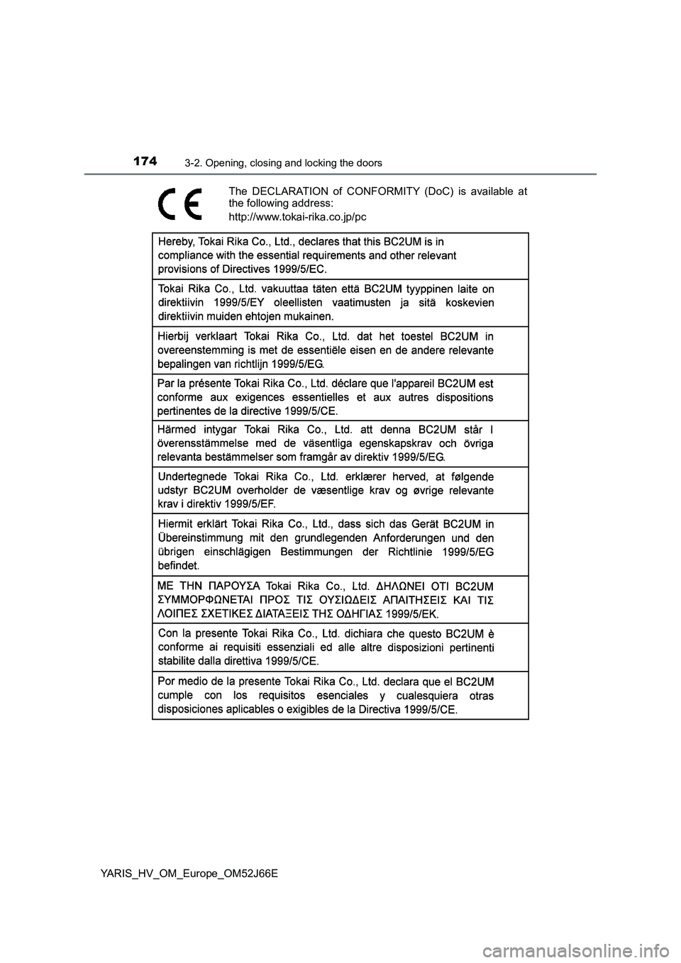 TOYOTA YARIS 2018  Owners Manual 1743-2. Opening, closing and locking the doors
YARIS_HV_OM_Europe_OM52J66E
The DECLARATION of CONFORMITY (DoC) is available at 
the following address: 
http://www.tokai-rika.co.jp/pc 