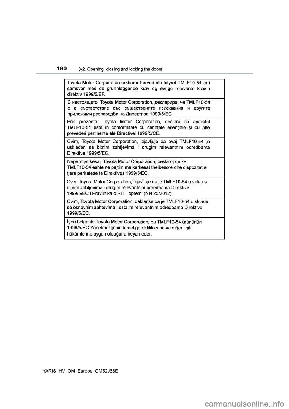 TOYOTA YARIS 2018  Owners Manual 1803-2. Opening, closing and locking the doors
YARIS_HV_OM_Europe_OM52J66E 