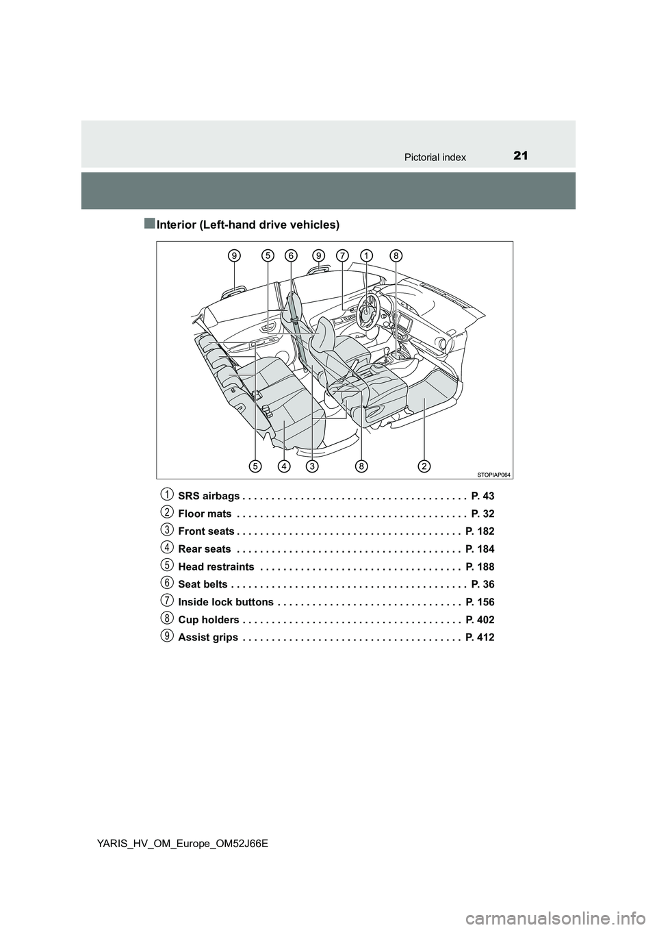 TOYOTA YARIS 2018 Owners Manual 21Pictorial index
YARIS_HV_OM_Europe_OM52J66E
■Interior (Left-hand drive vehicles)
SRS airbags . . . . . . . . . . . . . . . . . . . . . . . . . . . . . . . . . . . . . . . P. 43
Floor mats . . . TOYOTA YARIS 2018 Owners Manual 21Pictorial index
YARIS_HV_OM_Europe_OM52J66E
■Interior (Left-hand drive vehicles)
SRS airbags . . . . . . . . . . . . . . . . . . . . . . . . . . . . . . . . . . . . . . . P. 43
Floor mats . . .