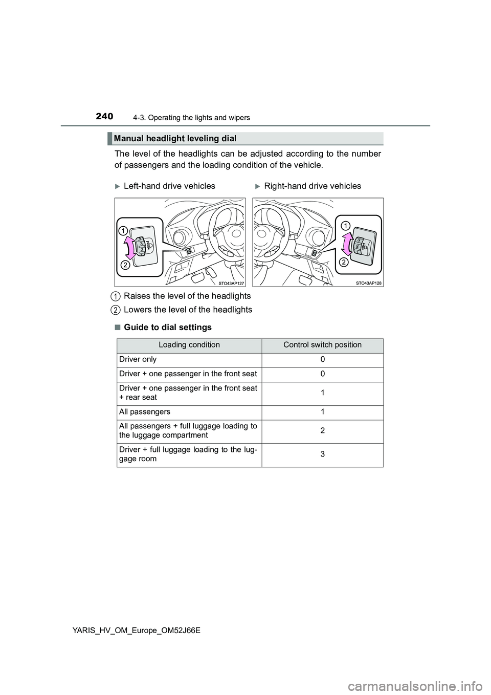 TOYOTA YARIS 2018  Owners Manual 2404-3. Operating the lights and wipers
YARIS_HV_OM_Europe_OM52J66E
The level of the headlights can be adjusted according to the number 
of passengers and the loading condition of the vehicle.
■Guid