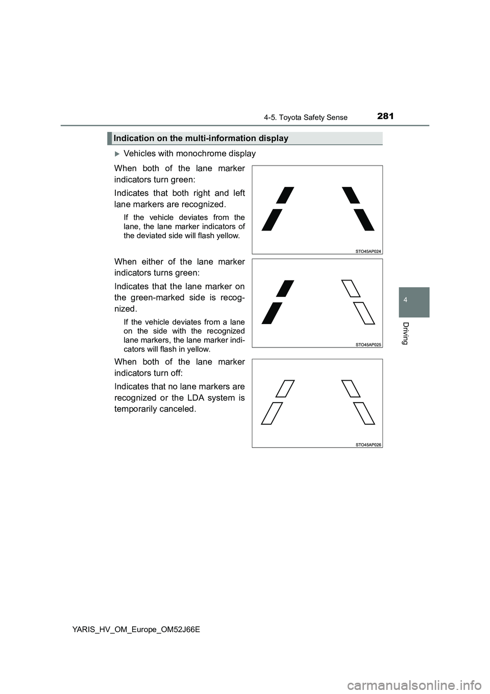 TOYOTA YARIS 2018 Owners Manual 2814-5. Toyota Safety Sense
4
Driving
YARIS_HV_OM_Europe_OM52J66E
Vehicles with monochrome display
When both of the lane marker
indicators turn green:
Indicates that both right and left
lane m TOYOTA YARIS 2018 Owners Manual 2814-5. Toyota Safety Sense
4
Driving
YARIS_HV_OM_Europe_OM52J66E
Vehicles with monochrome display
When both of the lane marker
indicators turn green:
Indicates that both right and left
lane m