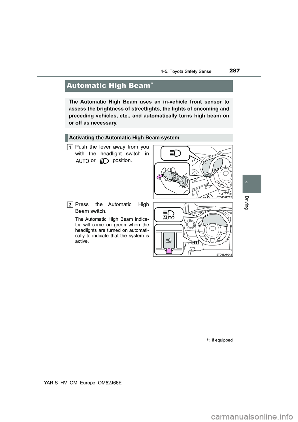 TOYOTA YARIS 2018 Owners Manual 287
4
4-5. Toyota Safety Sense
Driving
YARIS_HV_OM_Europe_OM52J66E
Automatic High Beam
Push the lever away from you
with the headlight switch in
or position.
Press the Automatic High
Beam sw TOYOTA YARIS 2018 Owners Manual 287
4
4-5. Toyota Safety Sense
Driving
YARIS_HV_OM_Europe_OM52J66E
Automatic High Beam
Push the lever away from you
with the headlight switch in
or position.
Press the Automatic High
Beam sw