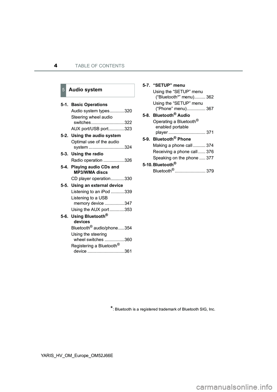 TOYOTA YARIS 2018 Owners Manual TABLE OF CONTENTS4
YARIS_HV_OM_Europe_OM52J66E
5-1. Basic Operations
Audio system types............320
Steering wheel audio
switches ...........................322
AUX port/USB port............. TOYOTA YARIS 2018 Owners Manual TABLE OF CONTENTS4
YARIS_HV_OM_Europe_OM52J66E
5-1. Basic Operations
Audio system types............320
Steering wheel audio
switches ...........................322
AUX port/USB port.............